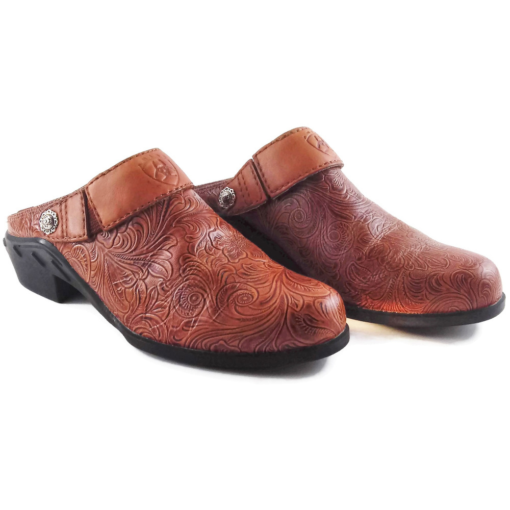ARIAT Brown Floral Design Tooled Leather Mule
